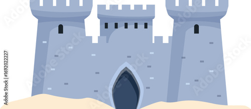Majestic medieval castle standing on sand, featuring towers, gate, and walls, symbolizing protection, history, and fairy tales