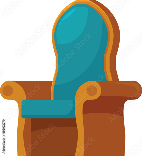 Golden throne chair with teal upholstery, evoking royalty, power, and authority, isolated on white