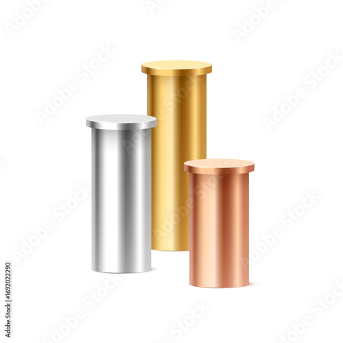 Metallic cylinder podium columns in silver, gold, and bronze colors. 3D cylindrical pedestal pillars for ranking, product display, award ceremony. Realistic vector illustration.