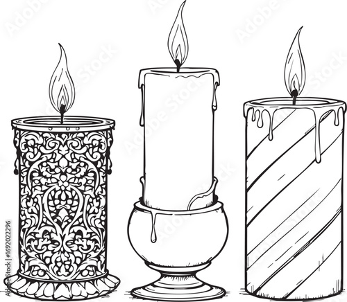 Black and white vector of three lit candles with ornate holders and wax drips perfect for cozy, spiritual, or decorative designs