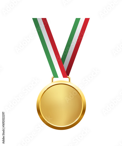 Golden medal. Realistic 3D award medal with ribbons, symbolizing first place in sports, competitions, and athletic events. Vector illustration.