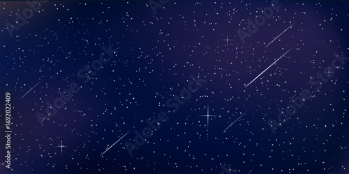 Night starry sky with sparkling stars and flying meteorites. Realistic 3d vector illustration on a dark background.