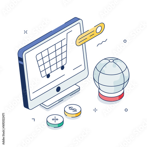 An isometric illustration showcasing the concept of global e-commerce.