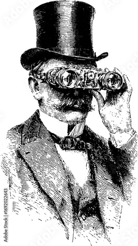 Gentleman with top hat and binoculars in vintage monochrome style. Classic Victorian man in formal suit, black and white vector illustration.