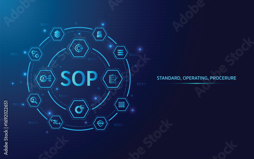 SOP web banner on blue technology background. Vector illustration business concept for the standard, operating, procedure with icons of instruction to assist employee in complex routine operations.