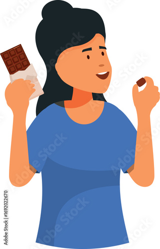 Happy young woman eating a piece of chocolate bar, holding it in her hand and smiling