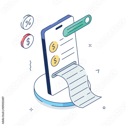 Creatively crafted mobile payment receipt isometric illustration