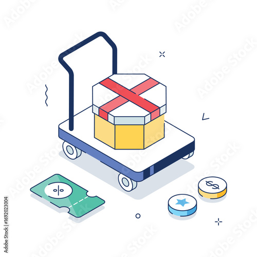 An isometric illustration of a hand truck carrying a gift box
