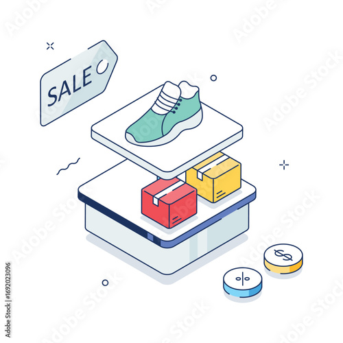 Isometric illustration of a shoe sale display with packages