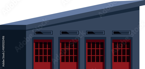 Fire station building with four red doors and small windows, ready for emergency response