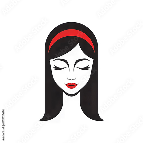 Minimalist vector illustration of a woman’s face with long black hair, red lips, and a red headband