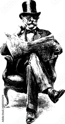 Gentleman in suit, top hat, and monocle seated in a chair and reading newspaper. Victorian vintage style vector illustration in black and white.