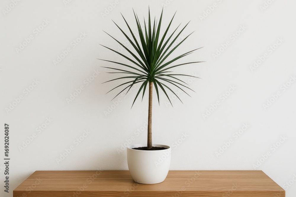 Fototapeta premium Indoor Plant on Display: A single, vibrant dracaena plant flourishes in a pristine white pot, elegantly perched on a wooden surface against a minimalist background, signifying peace and serenity.