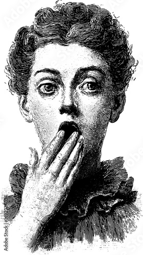Woman with hand covering mouth, surprised expression in vintage black and white engraving style. Classic vector illustration with detailed line drawing.