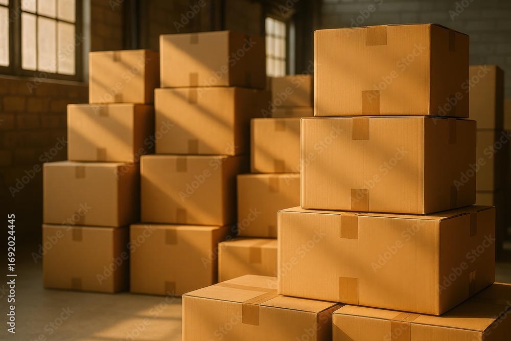 Obraz premium Packed and Ready: a well-organized stack of cardboard boxes awaits in a warehouse setting. A testament to logistics and storage.