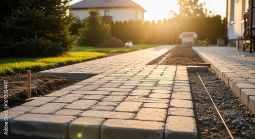 Pathway construction: A photograph showcasing the intricate process of laying brick pathways under a warm golden sunlight. The sun rays dance over the freshly laid brick pathway.