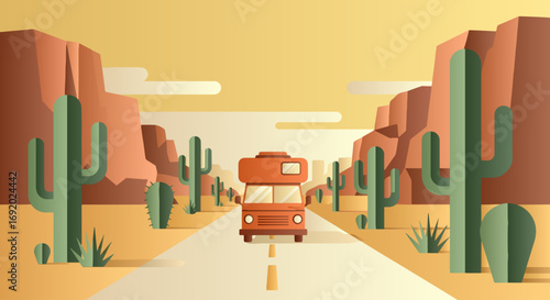 A retro orange camper van cruises down a desert highway flanked by saguaro cacti and majestic buttes. This vector illustration captures the warm, adventurous spirit of a classic American road trip