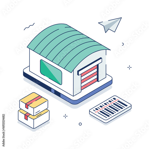 This vibrant isometric illustration depicts a modern warehouse facility