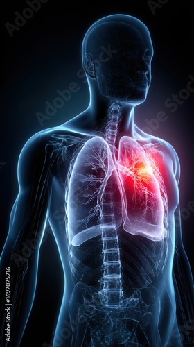 A high-resolution medical illustration of a translucent X-ray that clearly shows the lungs inside the chest. One lung has a darkened area with a glowing red spot, indicating inflammation or infection.
