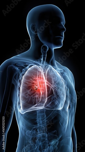A high-resolution medical illustration of a translucent X-ray that clearly shows the lungs inside the chest. One lung has a darkened area with a glowing red spot, indicating inflammation or infection.
