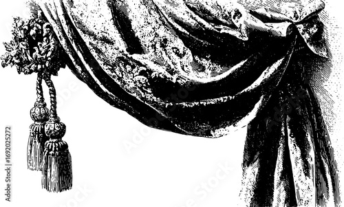 Curtain with ornate tassels and rope in vintage black and white style. Decorative textile vector illustration with classic engraving detail.