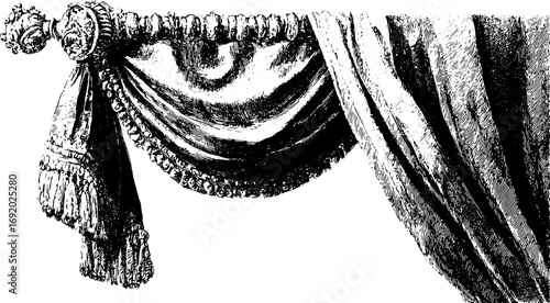 Curtain with tassel, decorative rod, and detailed fabric folds in classic style. Black and white vector illustration with vintage engraving elements.