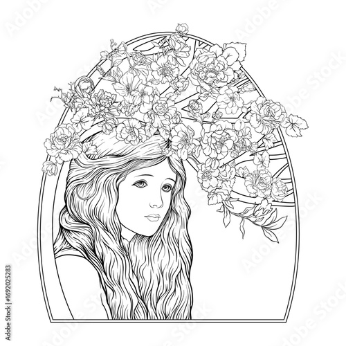 Wallpaper Mural A young beautiful girl on the background of a flowers in circle frame Clip art. Coloring page for the adult coloring book. Vector illustration. In art nouveau style, vintage, old, retro style. Torontodigital.ca