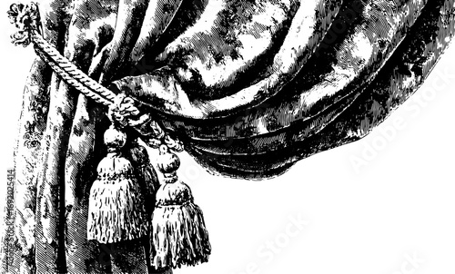 Curtain with tassel and rope tieback. Vintage black and white vector illustration with detailed shading and texture.