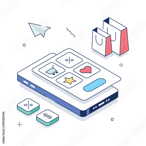 An isometric illustration showcasing a user friendly mobile shopping app interface