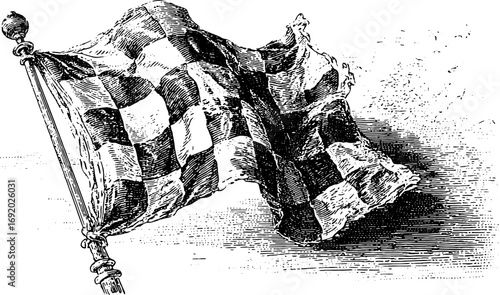 Checkered flag with black and white pattern waving on a pole. Vintage racing vector illustration with detailed line art texture.