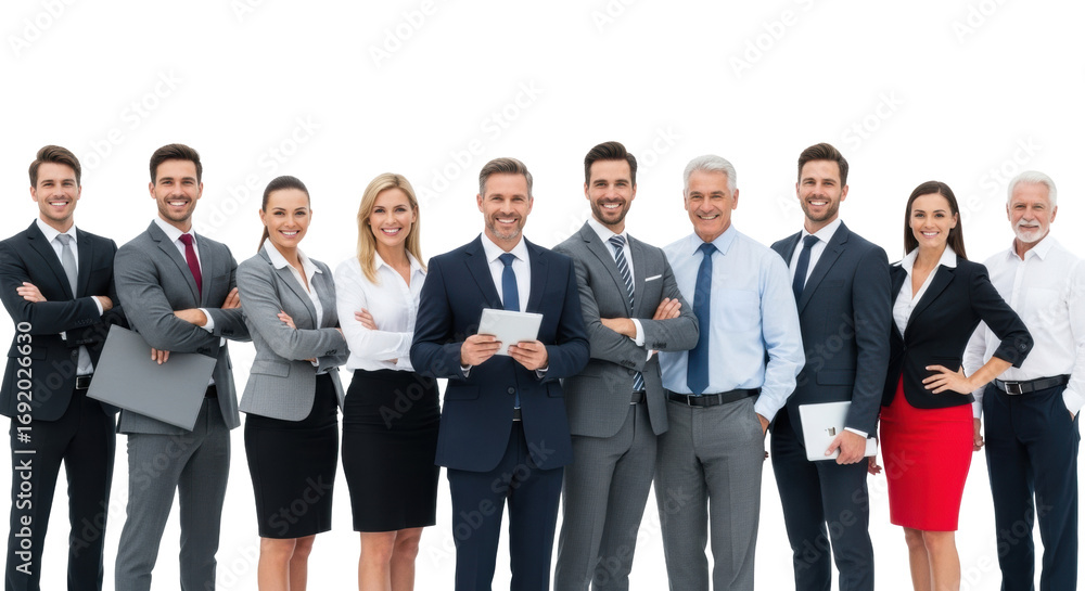 Fototapeta premium Diverse group of ten confident caucasian business professionals in formal attire, smiling, bright studio, white copy space background, concept of corporate diversity and success