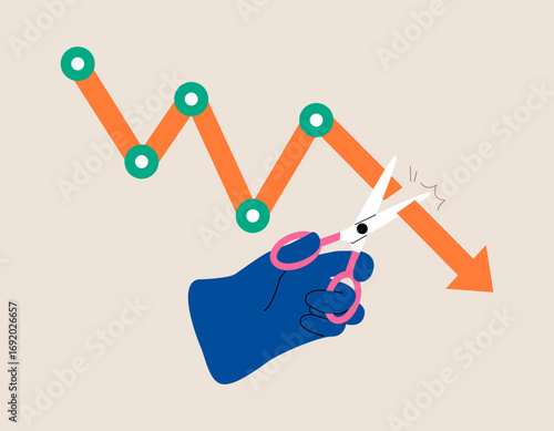 Hand is stopping loss with the scissors. Stop losing assets from stock market volatility. Colorful vector illustration