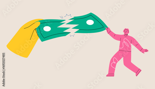 Big hand pulling banknote with woman. Conflict concept. Colorful vector illustration