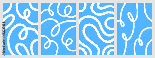 Winter new year abstract backgrounds set. Twisted spiral serpentine groovy lines, curved swirling stripes, waves vector patterns. Doodle, uneven edge snowy hand drawn organic winding squiggles. 