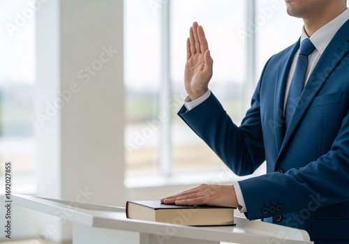 Solemn Oath: A professional figure, dressed in a tailored suit, takes a solemn oath, hand raised in a gesture of commitment, a weighty tome beneath.