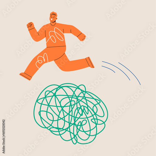Man overcome trouble and barriers breakthrough. Colorful vector illustration