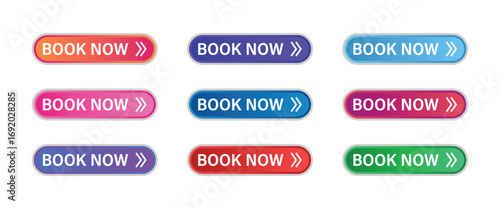 Book Now Buttons Collection, Gradient CTA Badges, UI Web Buttons, Reservation Labels, Clickable Booking Tags, App and Website Call to Action Elements