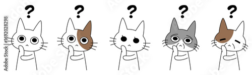 疑問、考え中、困惑を表現する、5匹の異なる猫のキャラクター