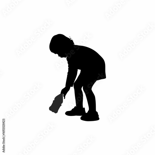Silhouette of a child picking up a plastic bottle from the roadside isolated on white background