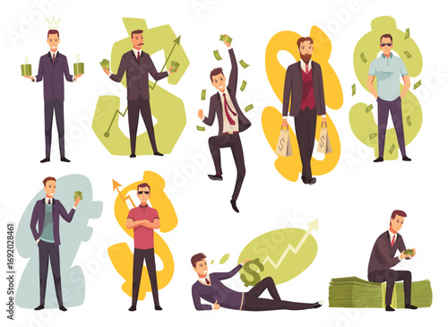 Rich people flat cartoon comic elements set, millionaire man money vector illustration