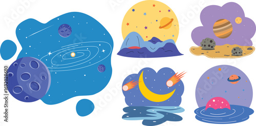 Colorful Cosmic Space Vector Elements Galaxy Planets Moons Stars Meteors Alien Landscapes Dreamy Universe Exploration Flat Design Celestial Scenes Astronomy Kids Science Fantasy Adventure