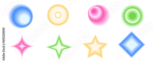 Blur gradient geometric shape set. Y2k retro circles with sparkles forms. Colorful rounds and star icons on white background. Trendy effect with blurry texture. Vector illustration.