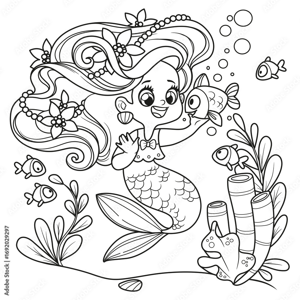 Obraz premium Cute little mermaid girl with lush long hair speaks to fish nearby outlined for coloring page isolated on white background