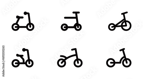 Collection of kick scooter icons, various styles of two-wheeled scooters for recreation, transport, and leisure concepts.