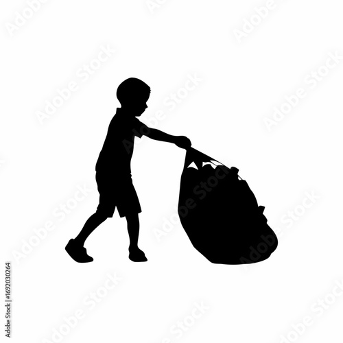 Silhouette of a child dragging a heavy bag of plastic bottles isolated on white background