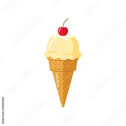 Vanilla Ice Cream Cone with Cherry Topping Illustration