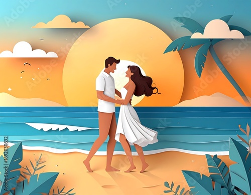Romantic couple on a beach at sunset