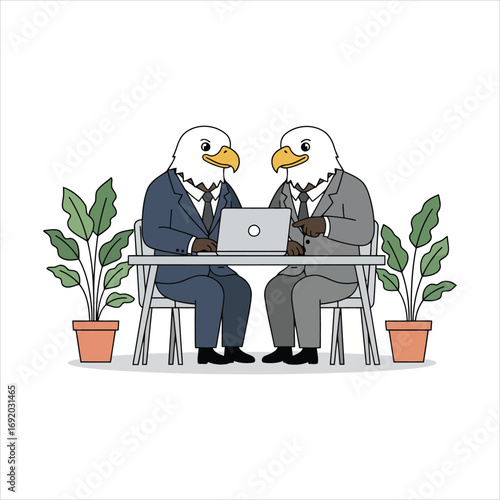 Business eagles collaborate around laptop discussing strategy in office setting with plants