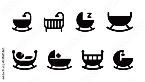 Set of baby crib icons, various styles of rocking cradles and bassinets for newborn and family concepts.