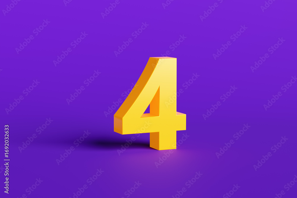 Fototapeta premium Big Yellow Number Four Standing on Purple Background